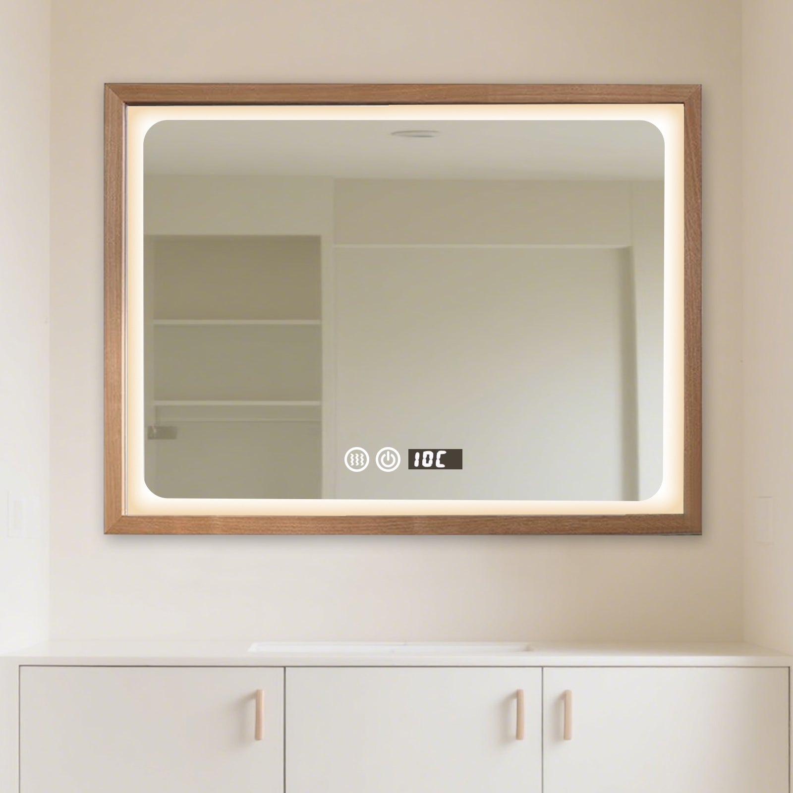 Smart Dimmable Wooden Frame Mirror with LED Lighting – Essential for Modern Home & Vanity - My Store