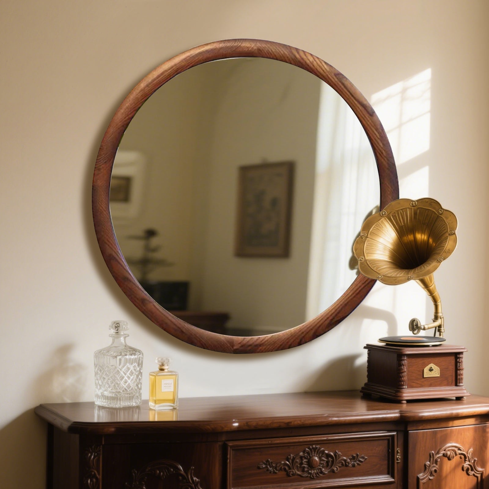Vintage Wooden Frame Round Mirror – Classic Home Decor for Any Room - My Store