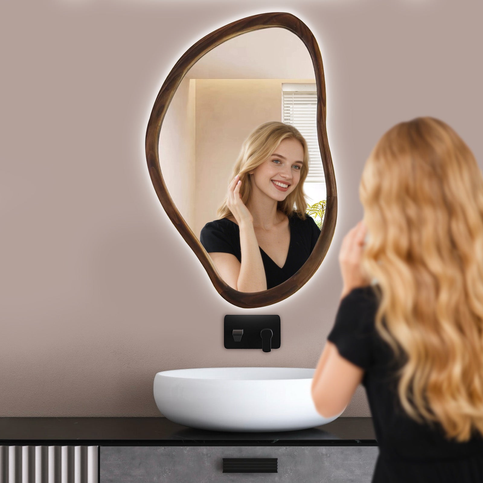 Smart Dimmable Wooden Frame Mirror – Modern Artistic LED Mirror - My Store