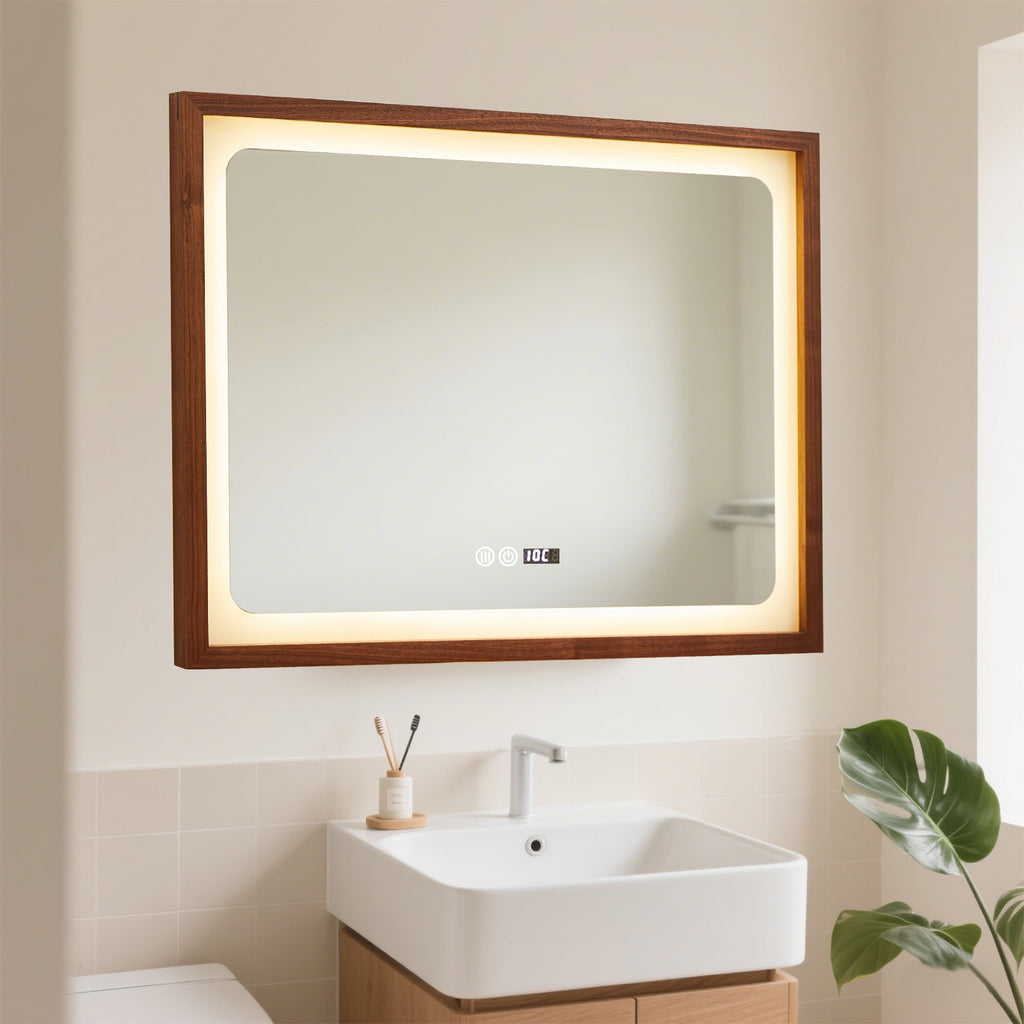 Smart Dimmable Wooden Frame Mirror with LED Lighting – Essential for Modern Home & Vanity - My Store