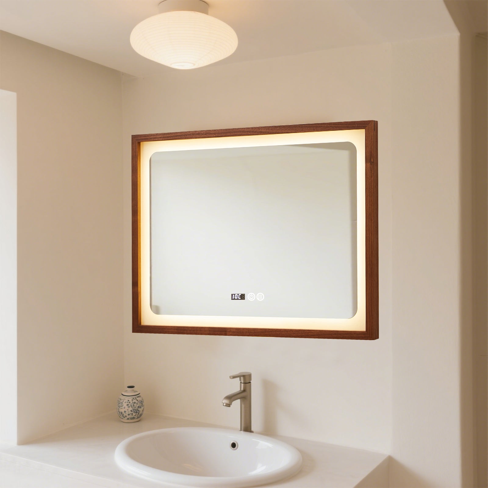 Smart Dimmable Wooden Frame Mirror with LED Lighting – Essential for Modern Home & Vanity - My Store