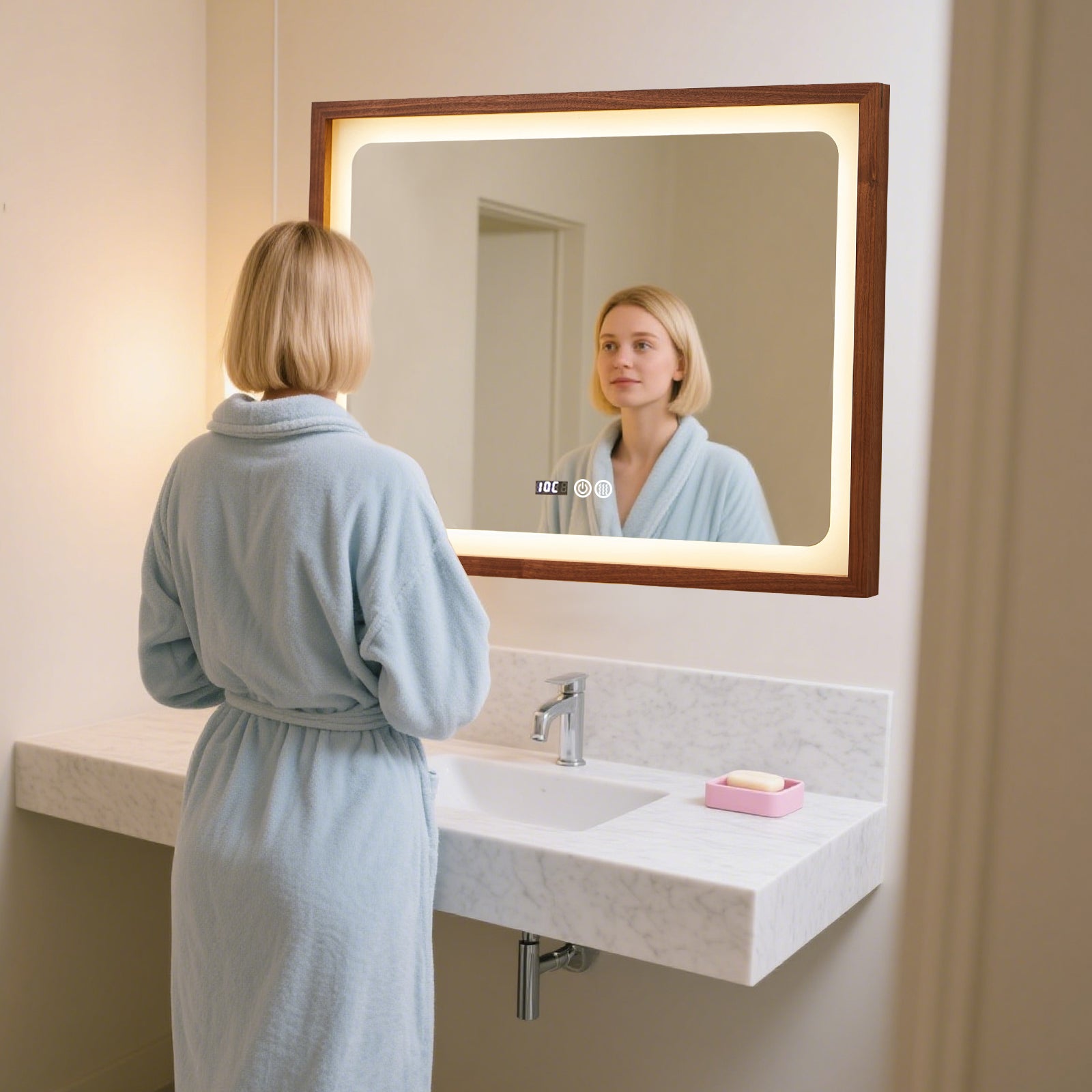 Smart Dimmable Wooden Frame Mirror with LED Lighting – Essential for Modern Home & Vanity - My Store