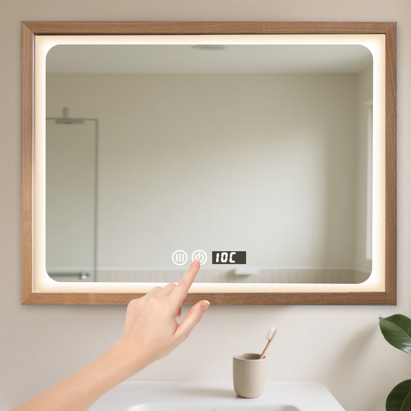 Smart Dimmable Wooden Frame Mirror with LED Lighting – Essential for Modern Home & Vanity - My Store